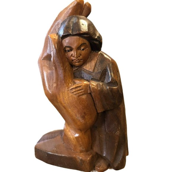 Wood Sculpture Held in Gods Hands Artisan Piece Women Held in Gods Hand 6" Tall - Picture 1 of 7